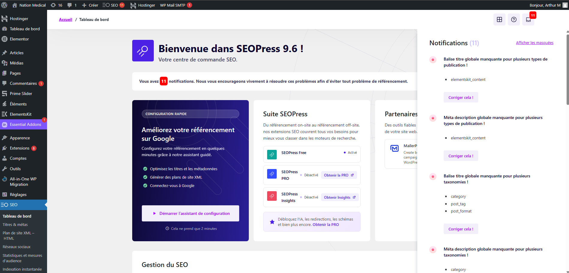 Tableau de bord SEOPress 9.6 - Plugin SEO WordPress