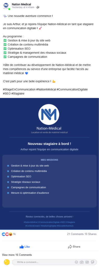 Post Facebook Nation-Médical - Annonce arrivée stagiaire Arthur en communication digitale