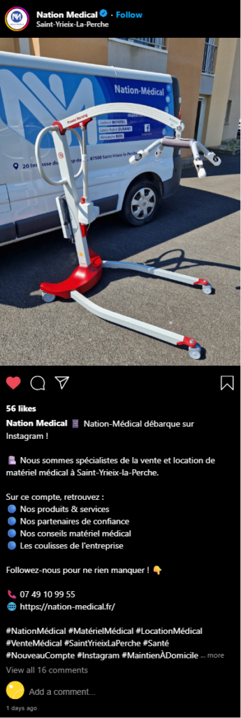 Post Instagram Nation-Médical - Lancement du compte avec lève-personne devant le véhicule covering